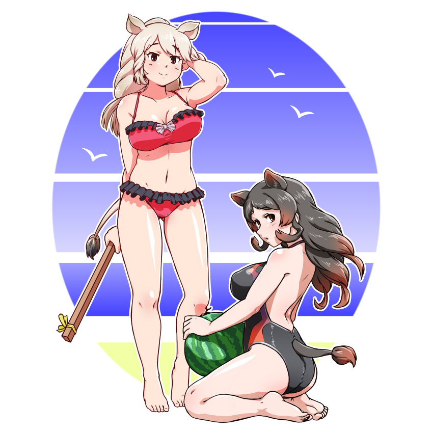 2girls absurdres acesrulez alternate_costume animal_ears bare_arms bare_back bare_legs barefoot beach bikini black_frills black_hair black_swimsuit blush brown_eyes collarbone commentary_request extra_ears eyebrows_visible_through_hair food frilled_swimsuit frills fruit full_body hand_in_hair highres hippopotamus_(kemono_friends) hippopotamus_ears hippopotamus_tail kemono_friends kneeling long_hair multicolored multicolored_clothes multicolored_hair multicolored_swimsuit multiple_girls one-piece_swimsuit red_hair red_swimsuit rhinoceros_ears rhinoceros_girl rhinoceros_tail shirt sleeveless standing swimsuit watermelon white_rhinoceros_(kemono_friends) white_shirt