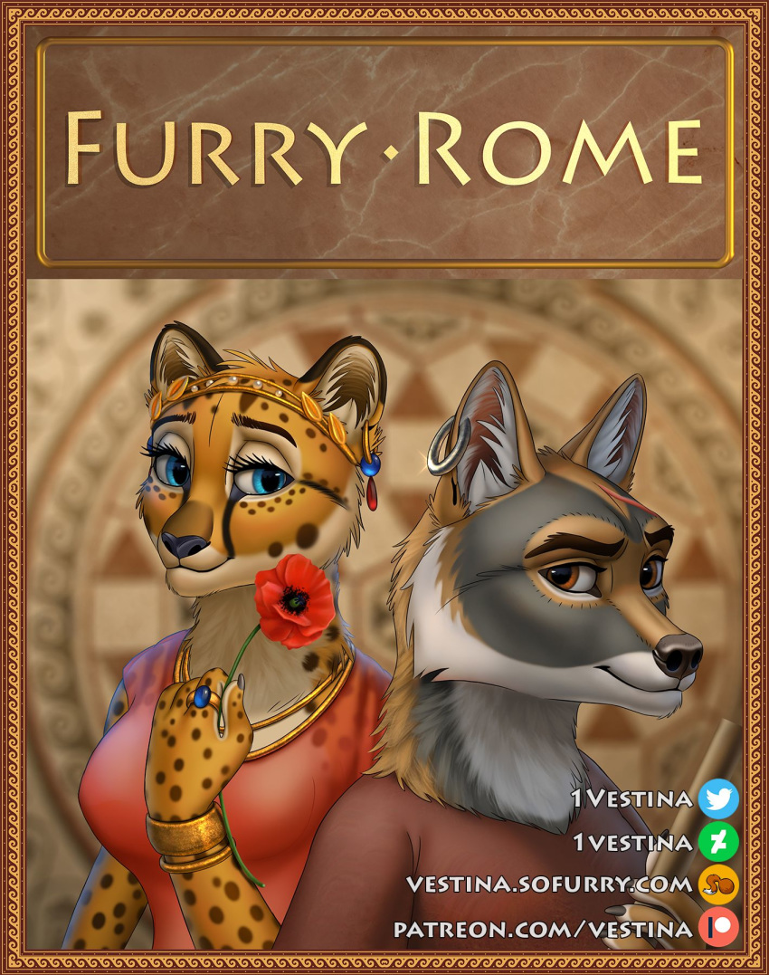 ancient ancient_rome anthro bracelet canid canine canis cheetah clothed clothing coyote crown dress duo ear_piercing ear_ring eye_contact felid feline female flower fur furry_rome hi_res inner_ear_fluff jewelry julia_(vestina) looking_at_another male male/female mammal necklace piercing plant poppy ring roman roman_empire rome servius_(vestina) smile text tiara tuft tunic url vestina yellow_body yellow_fur