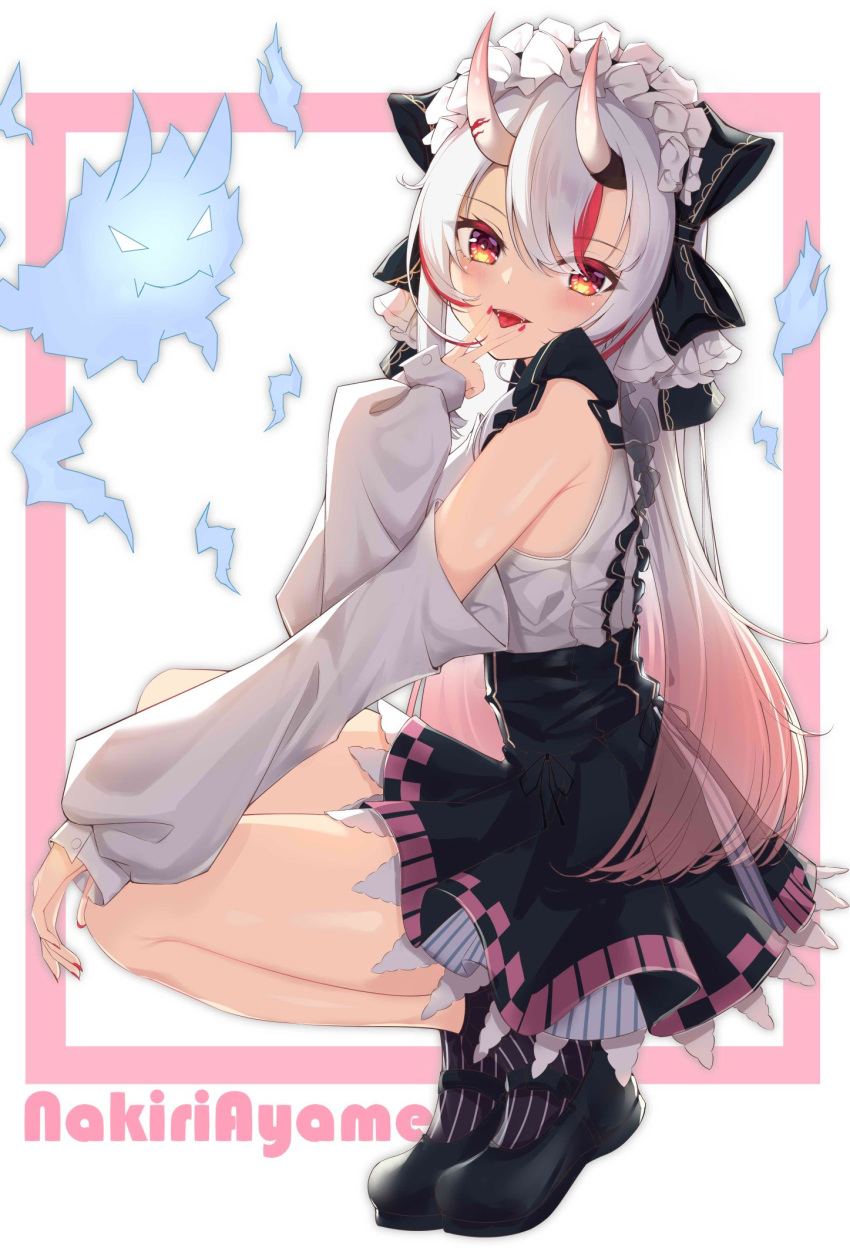 1girl akinatsu_meguru bare_shoulders black_bow black_footwear bow character_name detached_sleeves frilled_shirt frills from_side full_body gradient_hair hair_bow hair_ornament high-waist_skirt highres hitodama hololive horns long_hair long_sleeves looking_at_viewer maid_headdress mary_janes miniskirt multicolored_hair nakiri_ayame oni_horns open_mouth pink_hair red_eyes red_hair red_nails shirt shoes silver_hair skirt sleeveless sleeveless_shirt solo squatting streaked_hair tongue tongue_out v_over_mouth virtual_youtuber white_hair