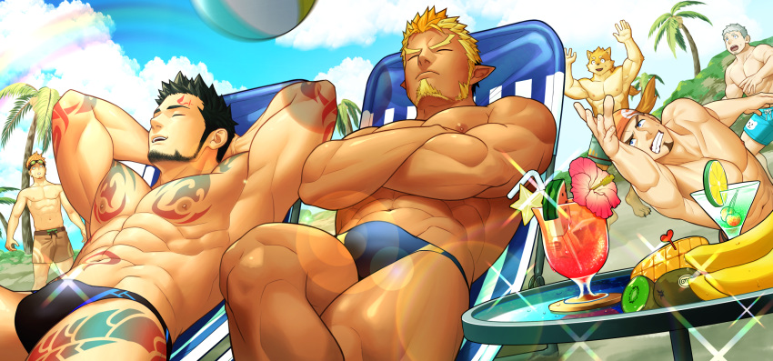 6+boys abs ball bandana bara beard billy_(gyee) black_hair blonde_hair blue_eyes blue_sky bulge character_request cocktail_glass crossed_arms cup drinking_glass facial_hair feet_out_of_frame furry furry_male goatee group_picture gyee highres itto_(mentaiko) izumi_(gyee) large_pectorals long_sideburns male_focus mature_male multicolored_hair multiple_boys muscular muscular_male navel nipples official_art outdoors palm_tree pectorals priapus priapus_a._tarou raikoh_(paradiso_guardian) rainbow shorts sideburns sky sleeping sparkle summer tattoo thick_thighs thighs topless_male tree turing_(gyee) yang_(gyee)