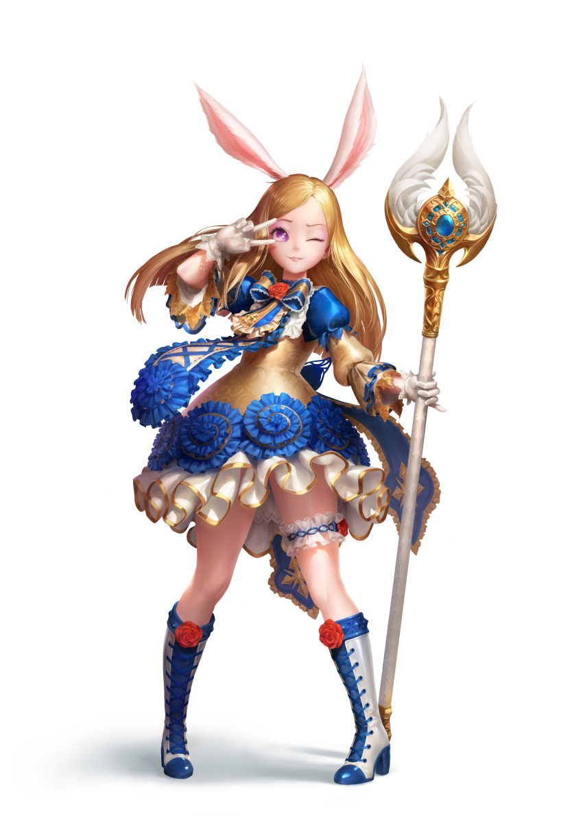 1girl absurdres animal_ears arm_up blonde_hair blue_dress boots botro bunny_ears dress elin full_body garters gloves high_heels highres knee_boots legs long_hair pink_eyes simple_background smile solo staff tera_online thighs v weapon white_background white_footwear white_gloves