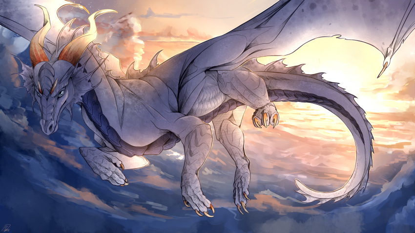 day detailed_background digital_media_(artwork) dragon flying invalid_color membranous_wings mollish outside scalie sky western_dragon wings