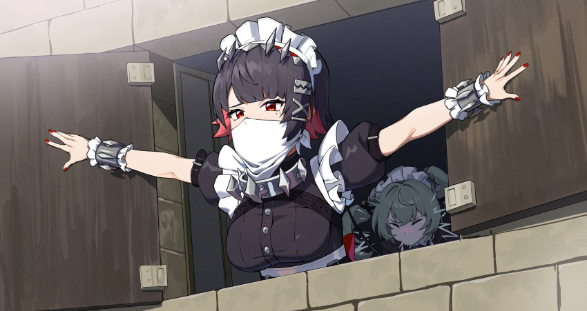 2girls absurdres bandana bandana_over_mouth black_hair breasts colored_inner_hair corin_wickes ellen_joe frilled_wrist_cuffs frills green_hair guli_(guli0572) hashtag-only_commentary highres indoors large_breasts maid_headdress mask metal_hairband mole mole_under_eye mouth_mask multicolored_hair multiple_girls outstretched_arms puffy_short_sleeves puffy_sleeves red_eyes red_hair red_nails scene_reference shingeki_no_kyojin short_hair short_sleeves sneezing spiked_headband spread_arms twintails two-tone_hair upper_body white_bandana window window_shutter wrist_cuffs zenless_zone_zero