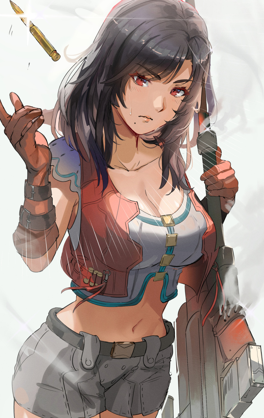 1girl black_hair breasts brown_eyes bullet carna cleavage cowboy_shot frown gloves gun highres large_breasts long_hair midriff mole mole_under_mouth navel ormille rifle shorts solo weapon xenoblade_(series) xenoblade_1