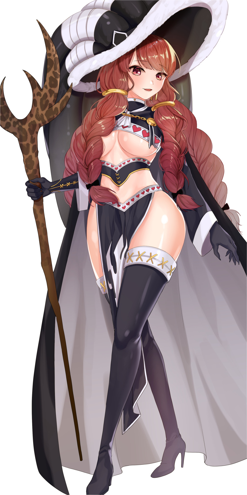 1girl absurdres bangs black_cape black_footwear black_gloves boots braid breasts brown_eyes brown_hair cape eyebrows_visible_through_hair fairy_tail full_body gloves high_heel_boots high_heels highres holding holding_staff irene_belserion large_breasts lillly long_hair midriff navel open_mouth shiny shiny_hair shiny_skin simple_background solo staff standing stomach thigh_boots thighhighs underboob very_long_hair white_background zettai_ryouiki