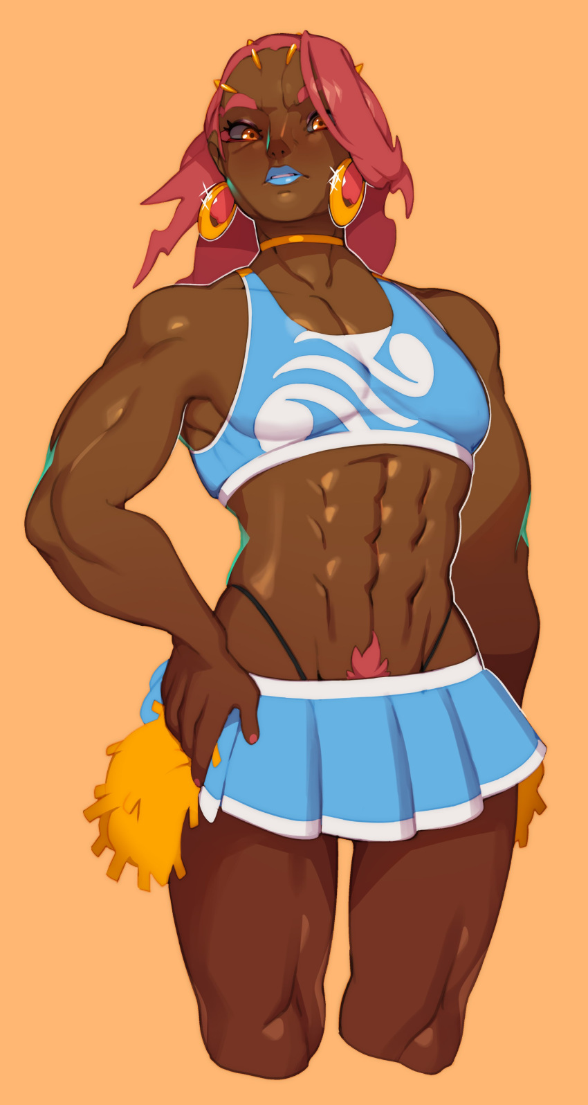 1boy abs absurdres arm_at_side black_panties blue_lipstick blue_skirt cheerleader choker combos_&amp;_doodles cropped_legs crossdressing dark_skin earrings forehead ganondorf gerudo gold_choker hair_over_one_eye hand_on_hip highleg highleg_panties highres hoop_earrings jewelry lipstick makeup male_pubic_hair medium_hair miniskirt muscle navel nose orange_eyes otoko_no_ko panties pectorals pleated_skirt pom_poms pubic_hair pubic_hair_peek red_hair red_pubic_hair skirt solo sports_bra the_legend_of_zelda the_legend_of_zelda:_breath_of_the_wild thick_eyebrows thick_thighs thighs underwear