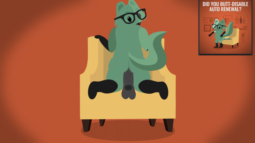 16:9 anal animated anthro big_penis eyebrows eyewear fur genitals glasses green_body green_fur hi_res looking_at_viewer male mint_mobile minty_(mint_mobile) penis psychoticwalrus raised_eyebrows short_playtime simple_background solo widescreen