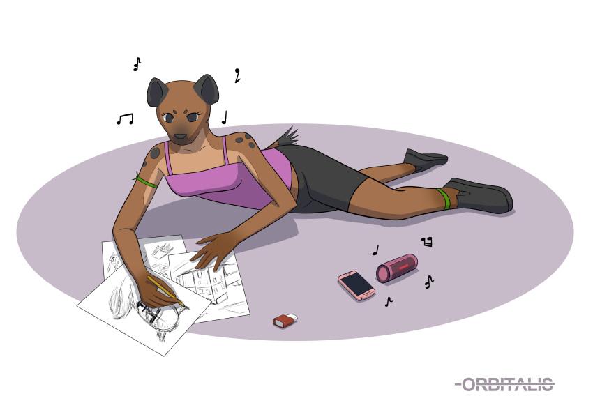 absurd_res anthro black_eyes brown_body brown_fur clothed clothing drawing eraser female footwear fur hi_res hyaenid mammal music orbitalis paper pencil_(object) phone shoes simple_background solo spotted_hyena