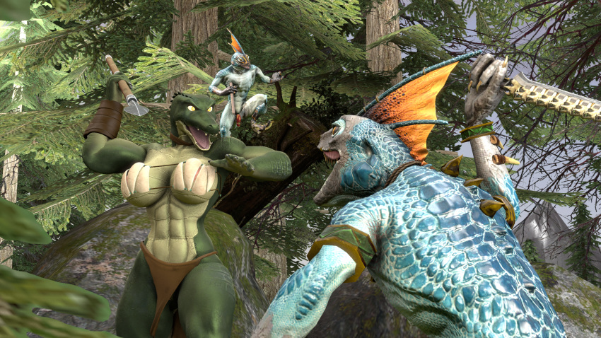 16:9 3d_(artwork) 4_toes 5_fingers angry anthro balls breasts clawed_toes clothed clothing crocodile crocodilian crocodylid digital_media_(artwork) felbun female fight fingers genitals hi_res lizard lizardman male muscular muscular_female open_mouth partially_clothed penis reptile scalie skink skink_(warhammer_fantasy) teeth_showing toes weapon widescreen