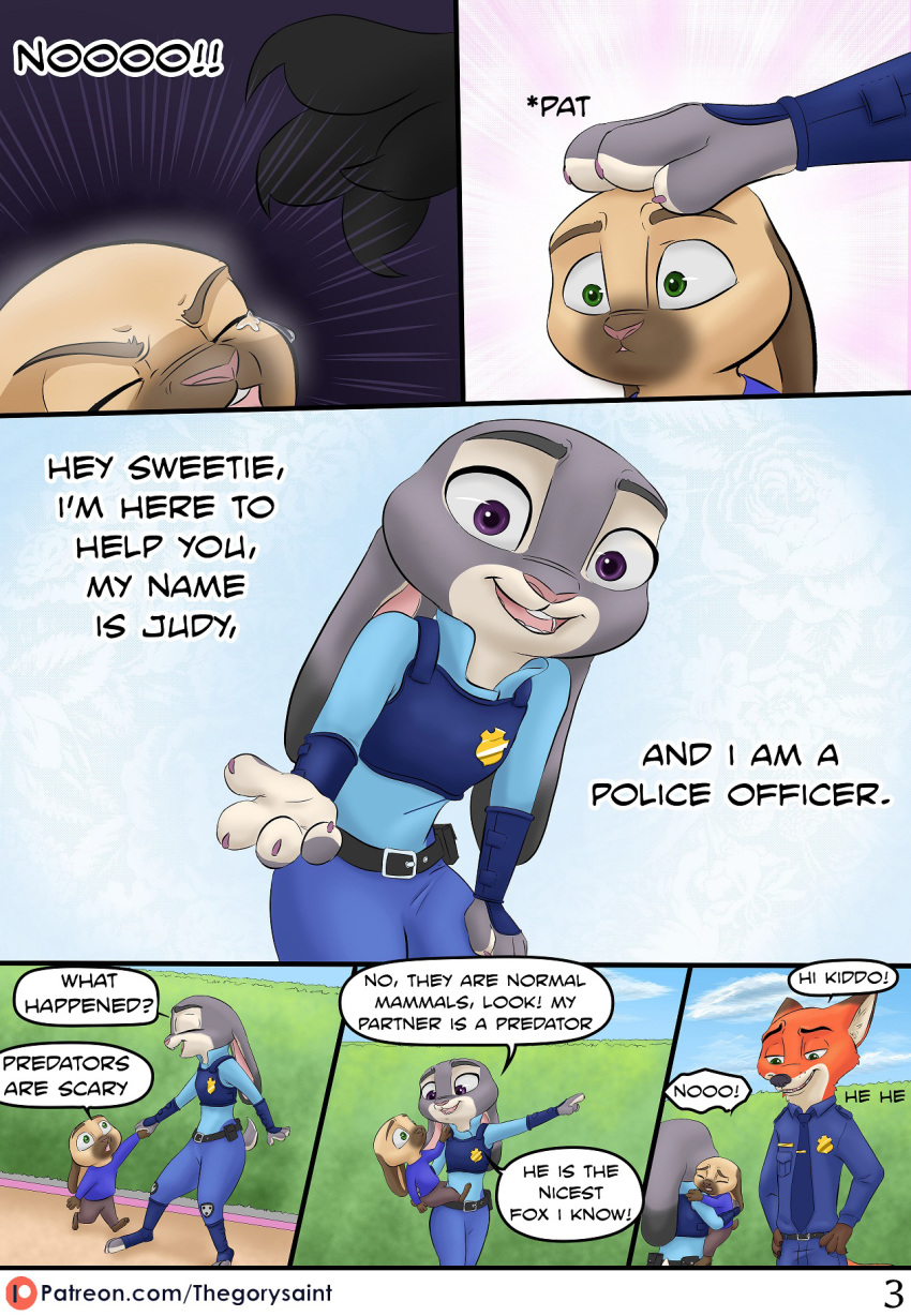 anthro canid canine claws clothing cloud colored comic dialogue disney english_text female fox fur group hi_res judy_hopps lagomorph leporid male mammal nick_wilde police rabbit text the_gory_saint uniform zootopia