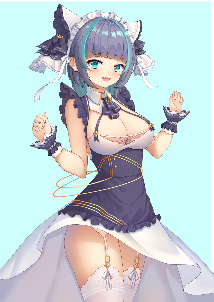 1girl absurdres aqua_eyes artist_request azur_lane breasts cheshire_(azur_lane) dress eyebrows_visible_through_hair fang frilled_hairband frilled_headband frilled_ribbon frills garter_belt hairband highres large_breasts long_ribbon maid_dress maid_headdress multicolored_hair open_mouth paw_pose purple_apron purple_hair ribbon simple_background skin_fang streaked_hair thighhighs white_dress white_legwear wrist_cuffs