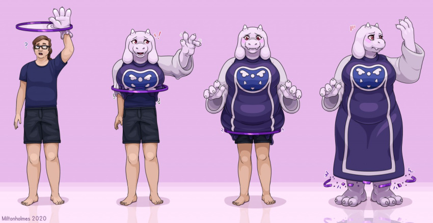 anthro big_breasts blush bovid breasts caprine clothed clothing female fully_clothed fur hoop horn human male male_to_female_transformation mammal mid_transformation miltonholmes overweight overweight_female red_eyes robe slightly_chubby solo tf_into_fictional_character toriel transformation undertale video_games white_body white_fur