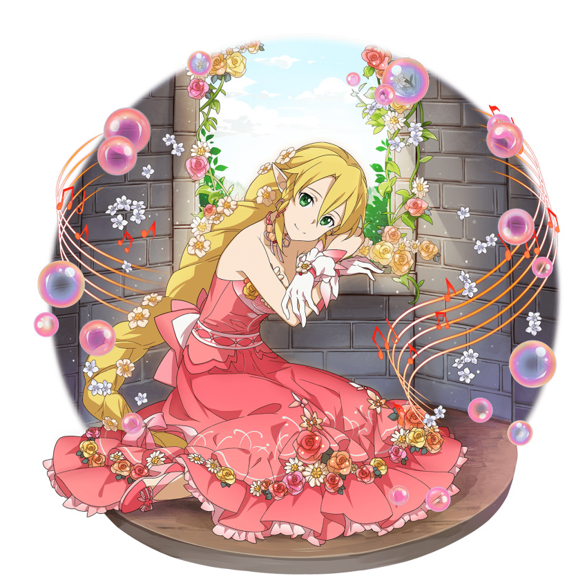 1girl bangs blonde_hair braid braided_ponytail breasts cleavage closed_mouth collarbone dress flower frilled_dress frills gloves green_eyes hair_between_eyes hair_flower hair_ornament highres layered_dress leafa lolita_fashion long_dress long_hair medium_breasts musical_note official_art pink_dress pointy_ears ponytail rapunzel sleeveless sleeveless_dress smile solo strapless strapless_dress sword_art_online sword_art_online:_memory_defrag transparent_background very_long_hair white_flower white_gloves