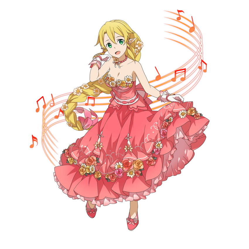 1girl :d bangs blonde_hair bow breasts cleavage collarbone dress floating_hair flower full_body gloves green_eyes hair_between_eyes hair_bow hair_flower hair_ornament highres layered_dress leafa long_dress long_hair looking_at_viewer medium_breasts musical_note official_art open_mouth pink_bow pink_dress pink_footwear pointy_ears pumps sidelocks skirt_hold sleeveless sleeveless_dress smile solo standing strapless strapless_dress sword_art_online sword_art_online:_memory_defrag transparent_background very_long_hair white_flower white_gloves