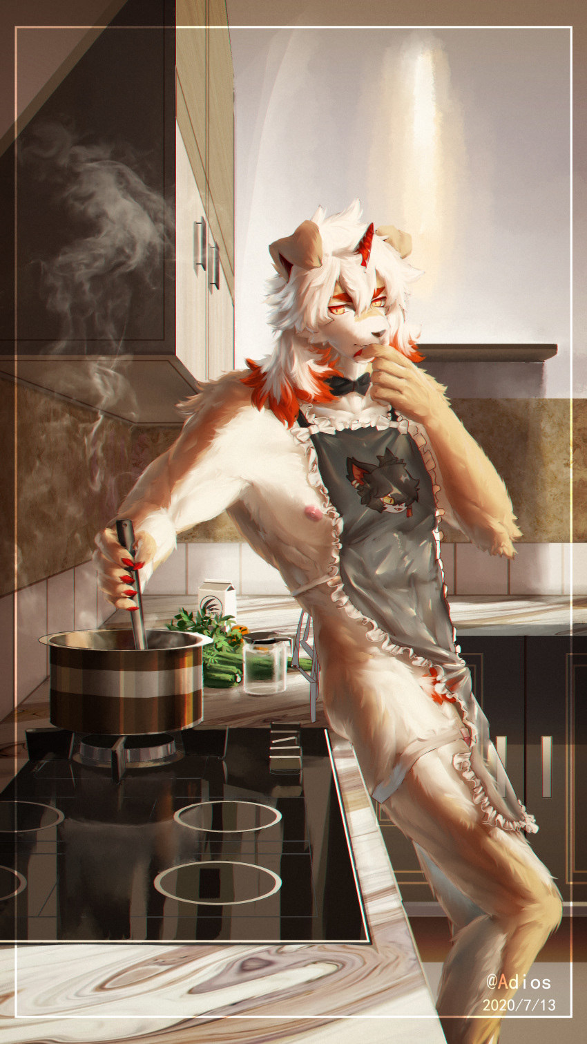 9:16 absurd_res adios_(pixiv) anthro apron apron_only arknights canid canine clothing cooking felid fur genitals hair hi_res horn hung_(arknights) looking_at_viewer male mammal mostly_nude multicolored_body multicolored_fur multicolored_hair orange_body orange_fur orange_hair penis solo white_body white_fur white_hair