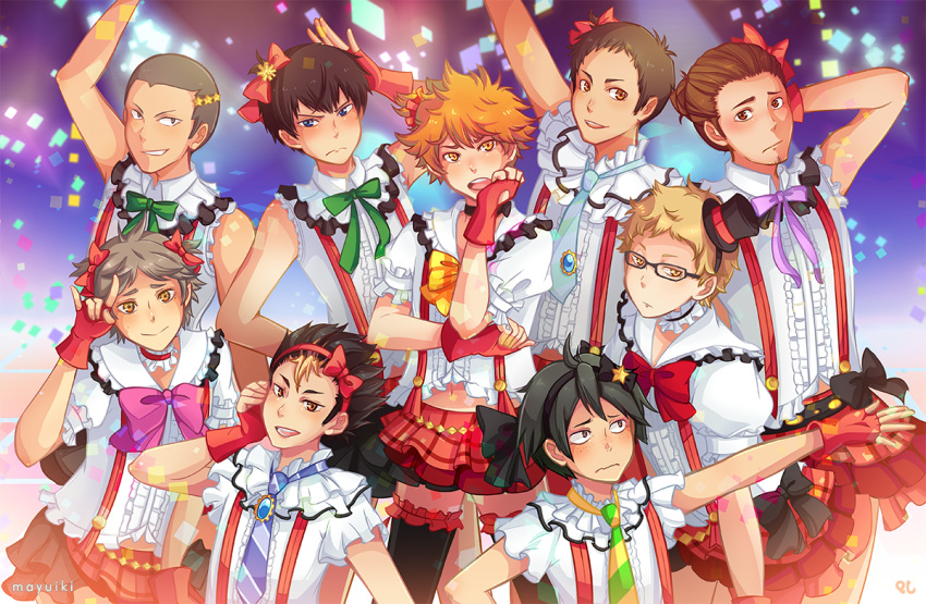 6+boys azumane_asahi black_hair blonde_hair blue_eyes bokura_wa_ima_no_naka_de brown_eyes brown_hair cosplay crossdressing gloves haikyuu!! kageyama_tobio love_live! love_live!_school_idol_project muki_(mayuiki) multiple_boys nishinoya_yuu parody red_gloves sawamura_daichi short_hair sugawara_koushi tanaka_ryuunosuke tsukishima_akiteru tsukishima_kei yamaguchi_tadashi