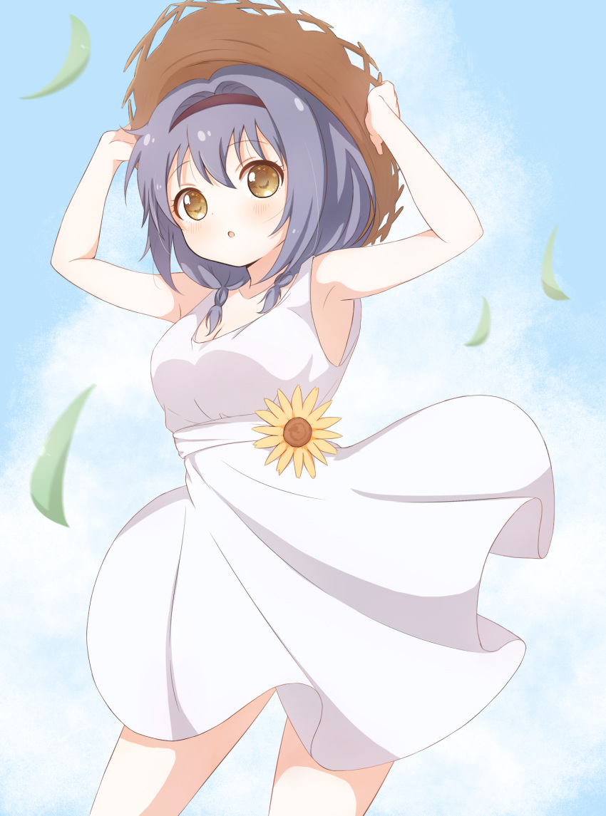 1girl :o adjusting_headwear armpits bangs black_hairband blue_hair blue_sky blush breasts brown_eyes casual cleavage cloud cloudy_sky commentary cowboy_shot day dress eyebrows_visible_through_hair flower furutani_himawari hairband hat highres leaf leaves_in_wind looking_at_viewer low_twintails medium_breasts medium_hair minatsuki_hitoka object_namesake sky sleeveless sleeveless_dress solo standing straw_hat sun sunflower twintails white_dress wind wind_lift yuru_yuri