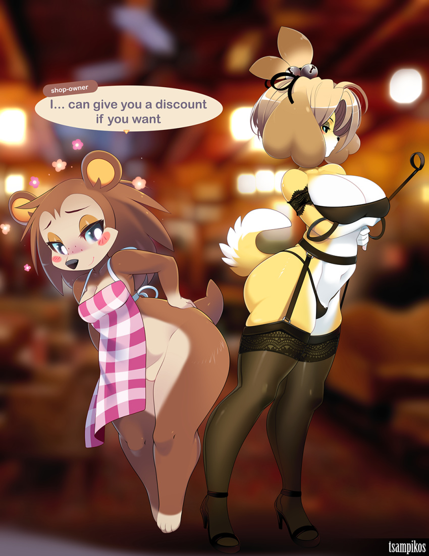 2020 animal_crossing anthro apron apron_only big_breasts blurred_background blush blush_stickers breasts canid canine canis cleavage clothed clothing dialogue domestic_dog dominatrix duo english_text eulipotyphlan female freckles hedgehog hi_res isabelle_(animal_crossing) legwear lingerie mammal mostly_nude navel nintendo sable_able shih_tzu signature stockings text thong toy_dog tsampikos underwear video_games