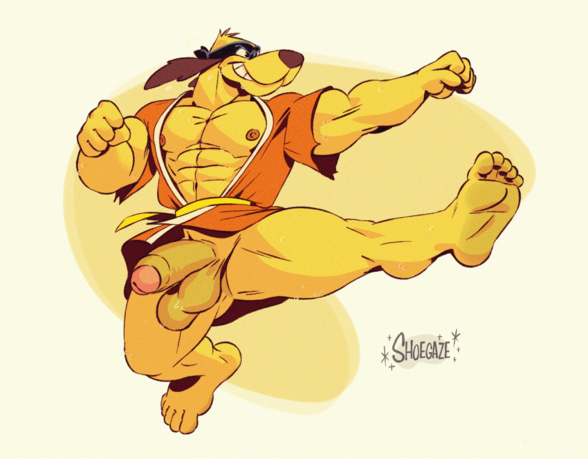5_fingers 5_toes abs action_pose anthro balls brown_ears brown_nose canid canine canis clothed clothing dirtyyeen domestic_dog fingers fist fur genitals grin hanna-barbera hong_kong_phooey hong_kong_phooey_(character) humanoid_genitalia humanoid_penis ineffective_clothing male mammal mask muscular muscular_anthro muscular_male nipples orange_clothing pecs penis pose shoegaze. smile solo toes yellow_balls yellow_body yellow_fur yellow_penis