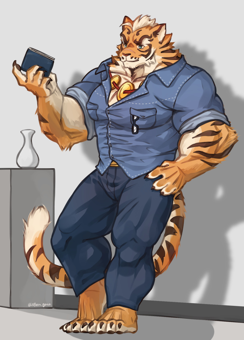 2020 anthro blue_eyes clothed clothing felid feline fur hi_res lin_hu male mammal muscular muscular_anthro muscular_male nekojishi pantherine salga_0310 simple_background solo stripes tiger