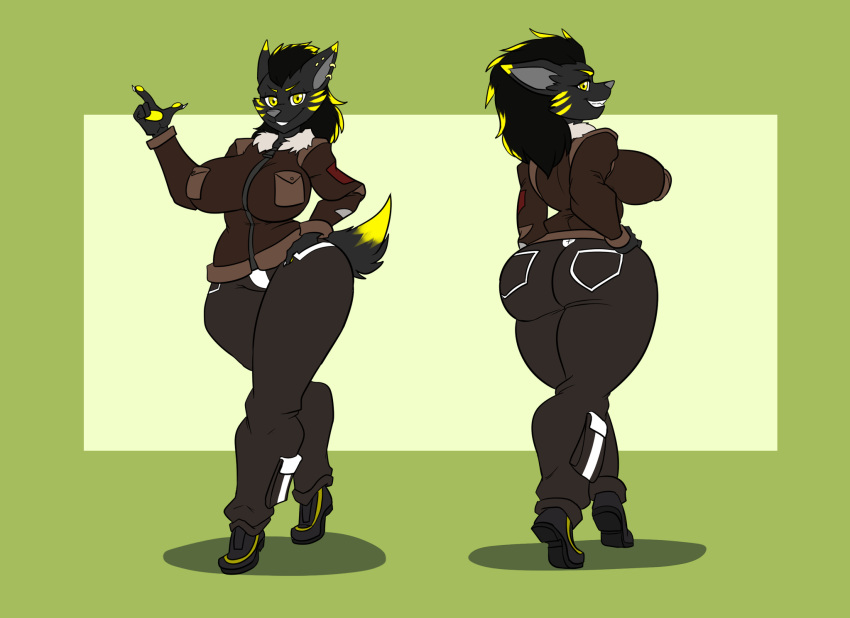 anthro anubian_jackal anubis_bitar_(cubananubis) big_breasts big_butt black_body black_fur breasts butt canid canine canis clothed clothing crossgender deity dipstick_tail dyed-hair ear_piercing female footwear fur hi_res jackal jacket kaboozle mammal mullet multicolored_tail pawpads piercing shoes solo thick_thighs topwear wide_hips yellow_body yellow_eyes yellow_fur