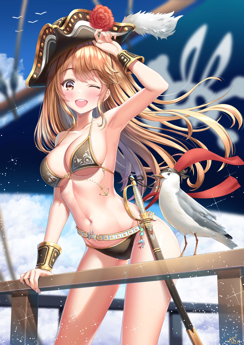 1girl :d absurdres adjusting_headwear arm_up artist_name bandana belt bikini bird black_bikini bracer breasts brown_eyes brown_hair cowboy_shot cutlass_(sword) eyebrows_visible_through_hair front-tie_bikini front-tie_top grabbing hand_on_forehead hand_on_railing hat highres jewelry ken-san long_hair navel open_mouth original panties pirate pirate_hat seagull sidelocks smile stomach swimsuit sword teeth underwear water water_drop weapon