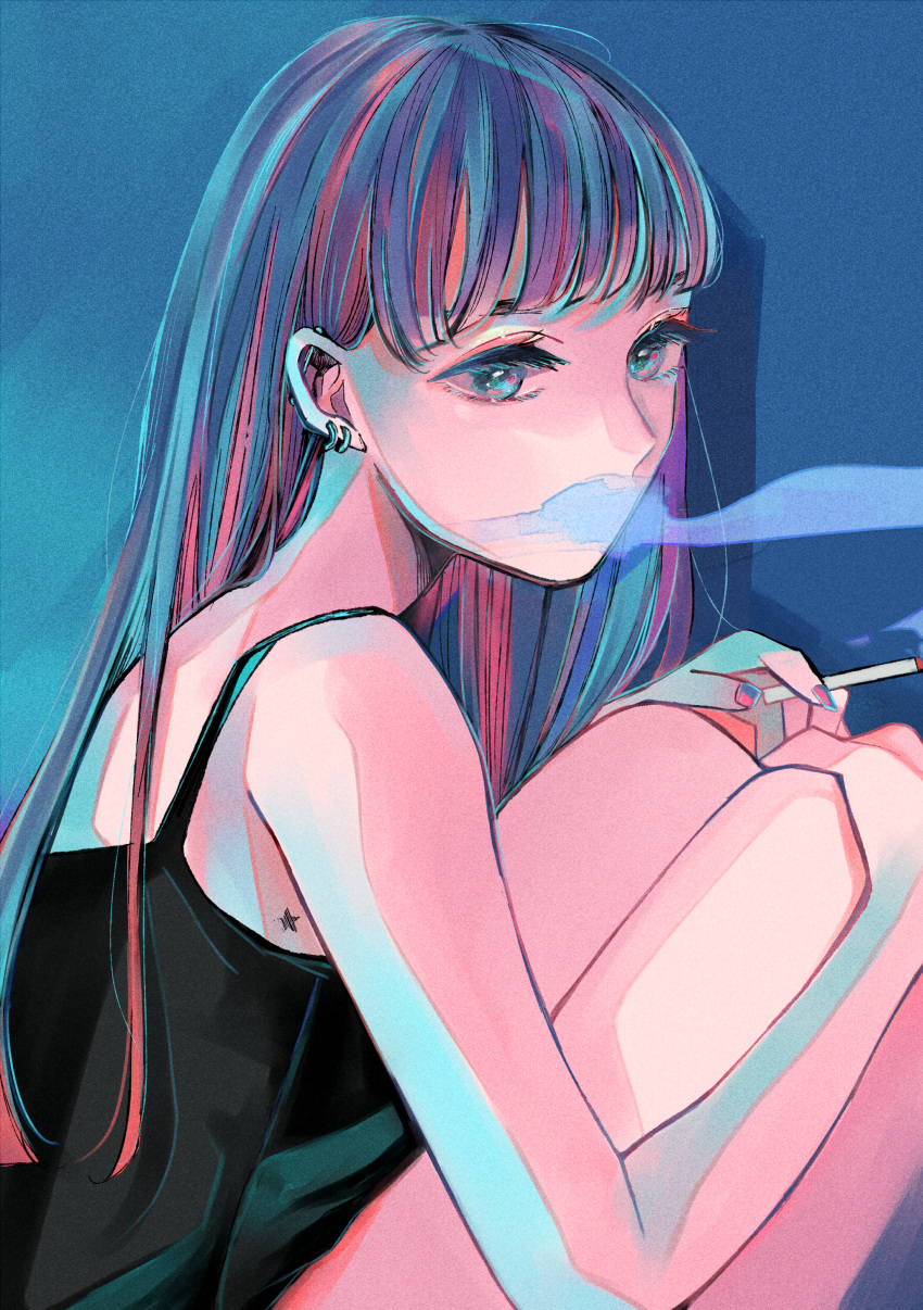 1girl absurdres black_shirt blue_background blue_eyes cigarette earrings highres huge_filesize jewelry knees_up long_hair looking_at_viewer multicolored_hair original pink_nails richard_(ri39p) shirt simple_background smoking star_(symbol)