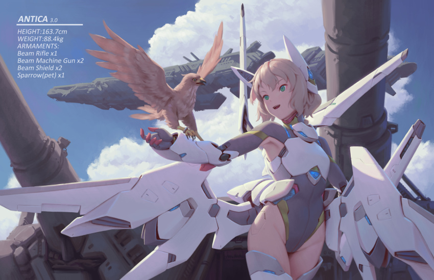 1girl animal_on_arm antica_(bigrbear) bigrbear bird bird_on_arm bird_request breastplate cannon character_name character_profile cloud cowboy_shot day green_eyes headgear highres leotard looking_at_animal mecha_musume mechanical_arms mechanical_wings medium_hair open_mouth original outdoors shoulder_cannon smile solo standing teeth thrusters wavy_hair wings