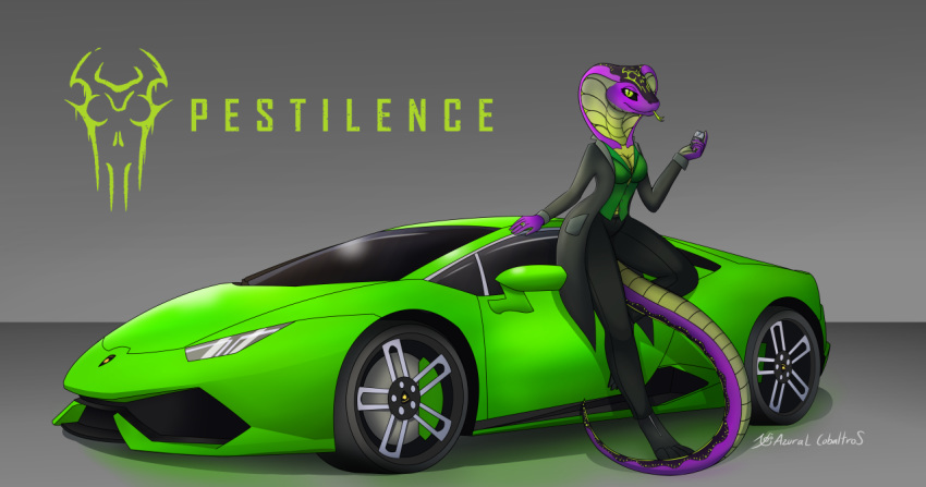 4_toes anthro azural_cobaltros barefoot black_sclera breasts car clothed clothing female forked_tongue fully_clothed jacket lamborghini lamborghini_hurac&aacute;n long_tail non-mammal_breasts pupils reptile scalie slit_pupils snake solo toes tongue topwear vehicle