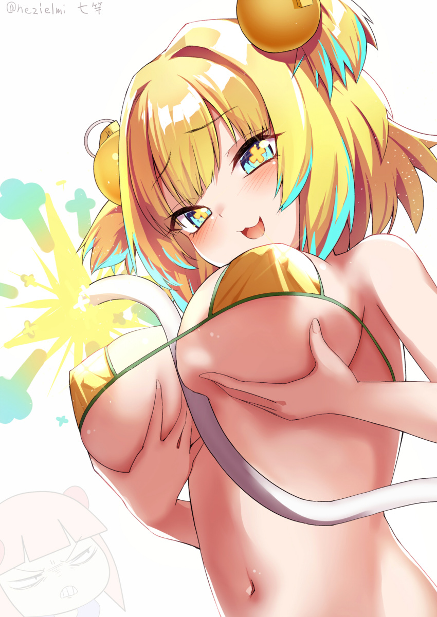 +_+ 2girls bare_shoulders bikini blonde_hair blue_eyes blue_hair blush bombergirl breast_hold breasts eyebrows_visible_through_hair grenade_hair_ornament highres large_breasts looking_at_viewer momoko_(bombergirl) multicolored_hair multiple_girls nezielmi pine_(bombergirl) short_hair simple_background smile swimsuit symbol-shaped_pupils two-tone_hair upper_body white_background yellow_bikini yellow_pupils