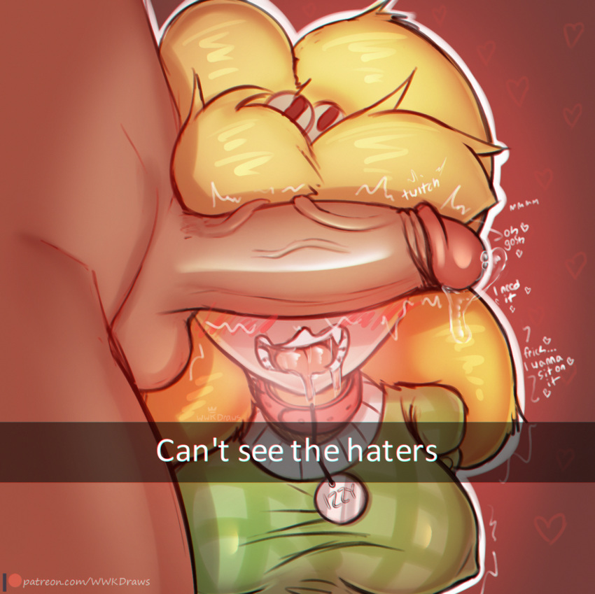 &lt;3 animal_crossing anthro balls bell blush bodily_fluids breasts canid canine canis clothed clothing collar conditional_dnp digital_media_(artwork) domestic_dog drooling duo english_text erection female female_focus floppy_ears fur genital_fluids genitals hair hi_res human humanoid_genitalia humanoid_penis interspecies isabelle_(animal_crossing) male male/female mammal nintendo obscured_face open_mouth penis precum saliva shaking shih_tzu simple_background snapchat solo_focus teeth text these_aren't_my_glasses tongue toy_dog trembling video_games wizardlywalrusking yellow_body yellow_fur