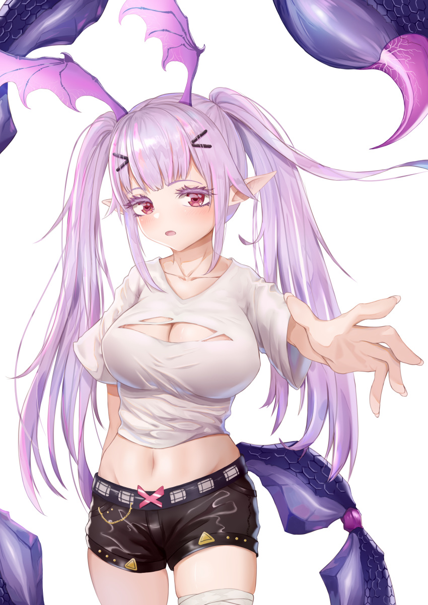 1girl absurdres arknights bandaged_leg bandages bangs black_shorts breasts cleavage cleavage_cutout commentary_request cowboy_shot crop_top groin hair_ornament hairclip head_wings highres large_breasts lewenxijian looking_at_viewer manticore_(arknights) midriff navel open_mouth pointy_ears purple_eyes purple_hair scorpion_tail shirt short_hair short_shorts shorts sidelocks simple_background solo standing stomach tail thighs twintails white_background white_shirt