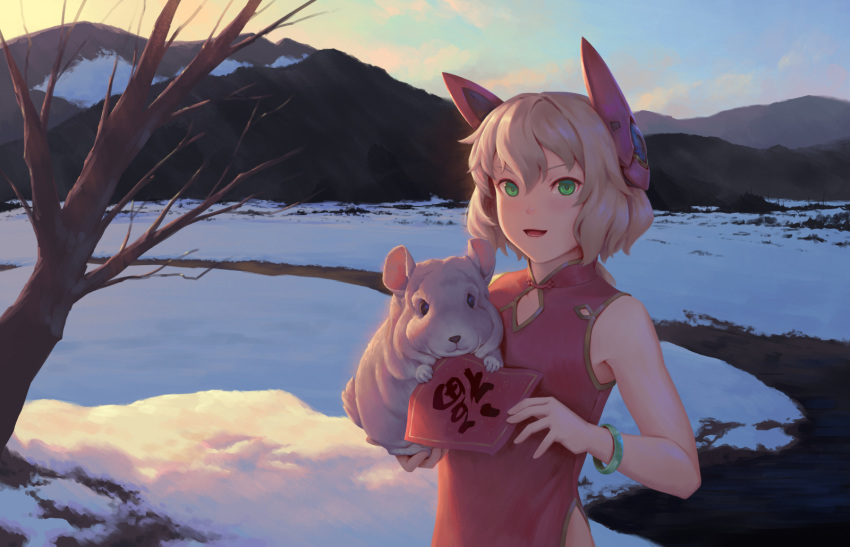 1girl animal animal_request antica_(bigrbear) bare_tree bigrbear blonde_hair bracelet china_dress chinese_clothes cloud dress evening green_eyes headgear highres holding holding_animal jewelry medium_hair mountain mountainous_horizon open_mouth original outdoors path red_dress sleeveless smile snow solo standing translation_request tree tree_branch wavy_hair winter