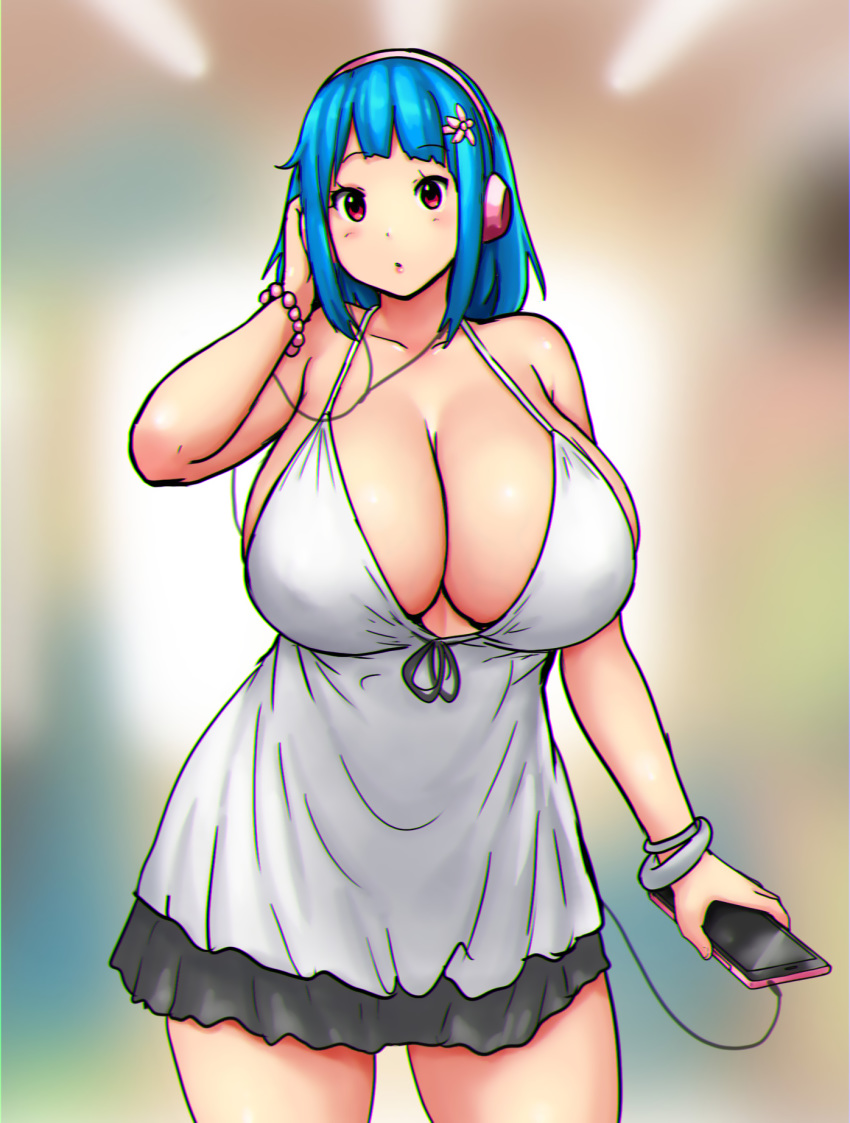 1girl babydoll bangs bare_shoulders blue_hair blurry blurry_background blush bracelet breasts cellphone cleavage curvy dress english_commentary engrish_commentary erkaz eyebrows_visible_through_hair hairband hand_on_ear headphones highres holding holding_phone huge_breasts jewelry medium_hair original phone pink_hairband red_eyes rina_atherina smartphone thighs white_babydoll white_dress