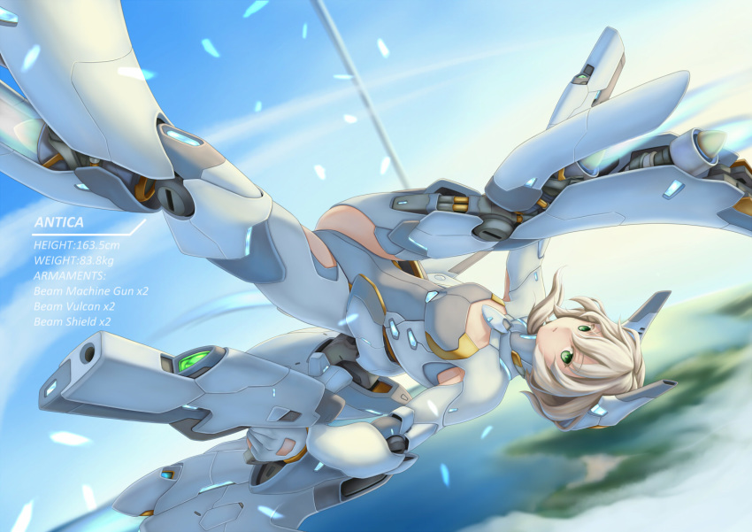 1girl antica_(bigrbear) bigrbear blonde_hair character_name character_profile expressionless flying green_eyes gun headgear highres leotard looking_at_viewer mecha_musume mechanical_arms mechanical_legs mechanical_wings medium_hair original sky solo thrusters upside-down wavy_hair weapon wings