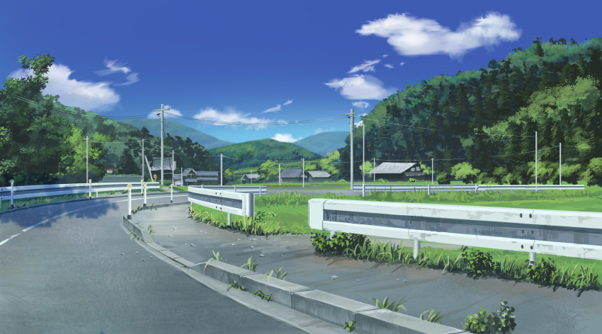 absurdres blue_sky building cloud commentary_request day derivative_work field forest gingham_vest grass guard_rail highres house landscape mirror mountain nature no_humans original outdoors power_lines road rural scenery sidewalk sky summer tree