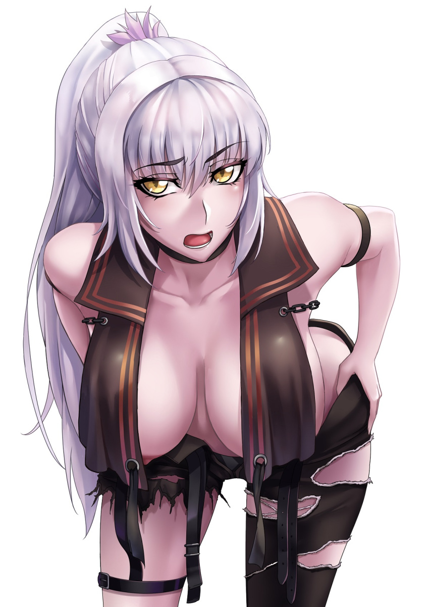 1girl areolae arm_strap asymmetrical_legwear bare_shoulders black_pants black_shirt breasts breasts_apart collarbone eyebrows_visible_through_hair fate/grand_order fate_(series) hanging_breasts highres jeanne_d'arc_(alter)_(fate) jeanne_d'arc_(fate) large_breasts leaning_forward long_hair looking_at_viewer mystery_treasure nipples no_bra official_alternate_costume pale_skin pants ponytail sakuya_(liao_kj) shirt silver_hair simple_background solo thigh_strap torn_clothes torn_pants very_long_hair white_background yellow_eyes