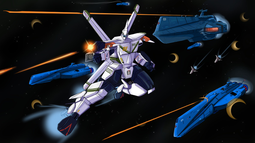 1980s_(style) auroran battle choujikuu_kidan_southern_cross commentary emblem energy_beam energy_cannon energy_gun english_commentary explosion fleet highres leelf mecha official_style oldschool prototype robotech science_fiction southern_cross space space_craft starfighter thrusters weapon zero_gravity