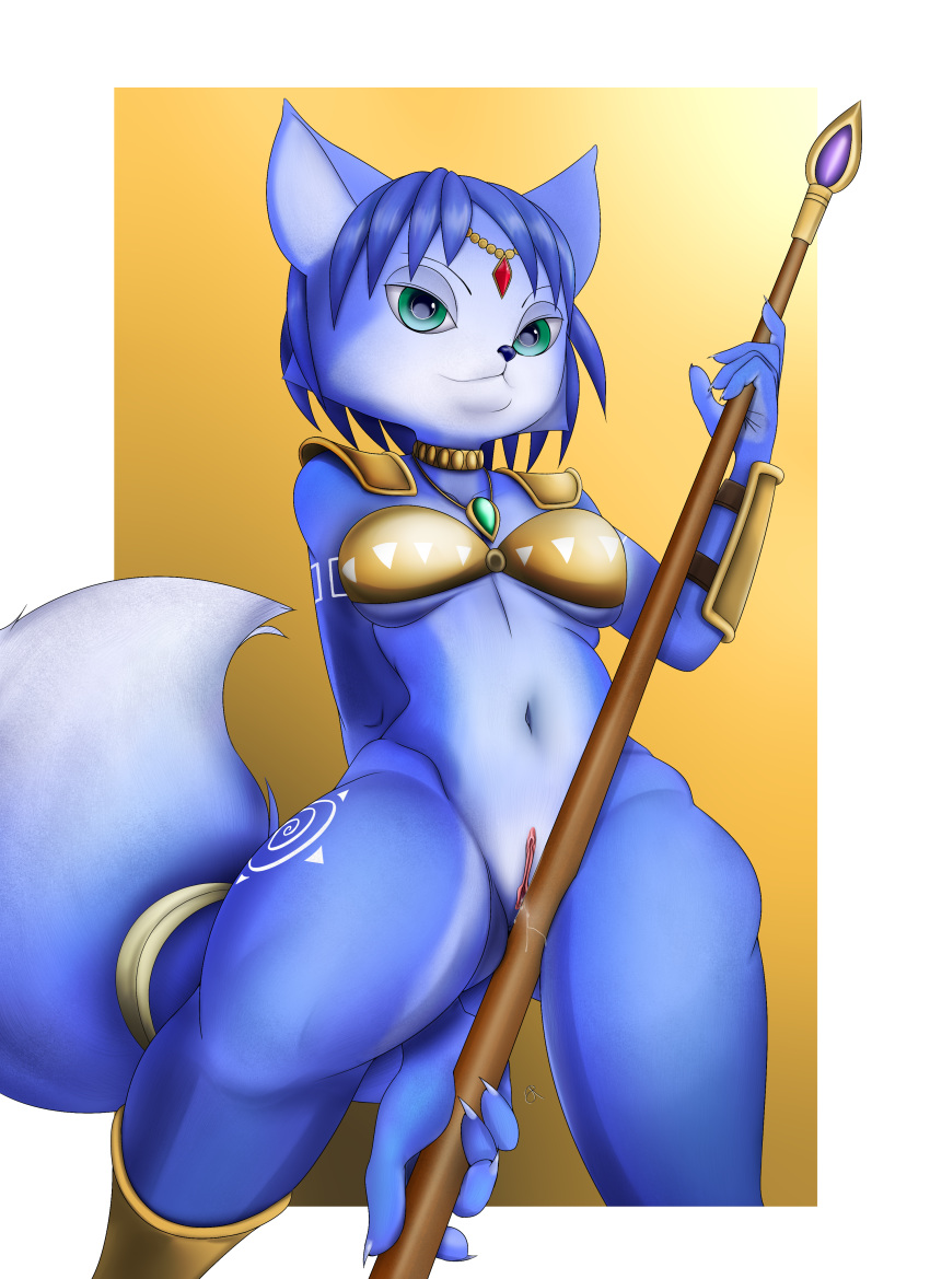 absurd_res alpha_channel anthro arm_guards bodily_fluids bottomless canid canine clothed clothing female fox genital_fluids genitals half-closed_eyes hi_res krystal mammal masturbation narrowed_eyes nintendo pussy pussy_juice rasenxoru shoulder_pads solo staff star_fox video_games weapon