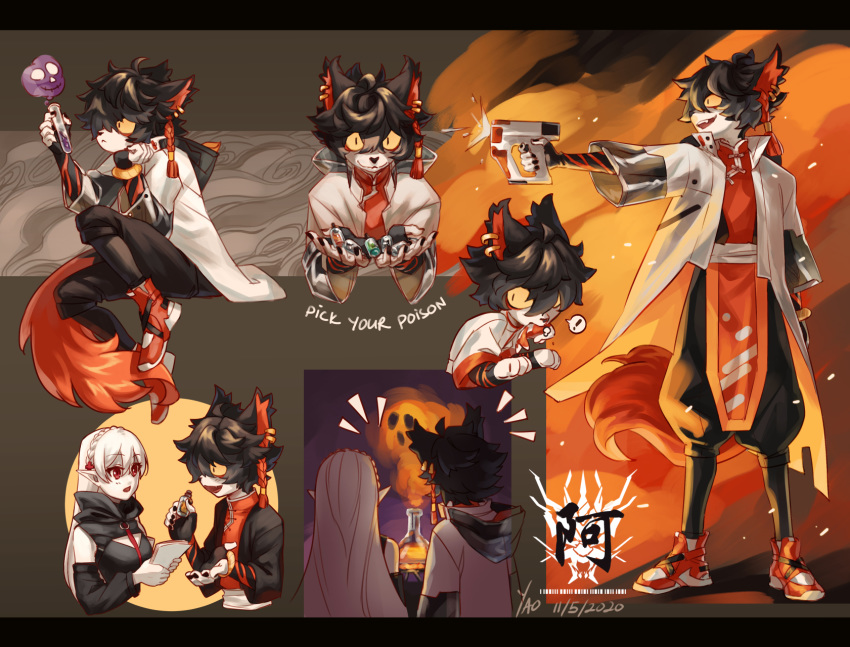 1boy 1girl aak_(arknights) animal_ears arknights black_hair braid cat_ears character_name chemicals chemistry colored_smoke dated earrings fire fish fish_in_mouth goldfish gun highres jewelry long_coat pointy_ears red_eyes signature tail test_tube warfarin_(arknights) weapon white_hair yellow_sclera