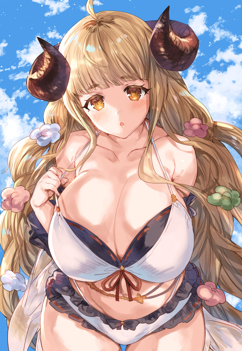 ahoge anila_(granblue_fantasy) bikini blonde_hair breasts cleavage draph eno_yukimi front-tie_top granblue_fantasy highres horns large_breasts long_hair looking_at_viewer sheep_horns short_eyebrows solo swimsuit white_bikini yellow_eyes