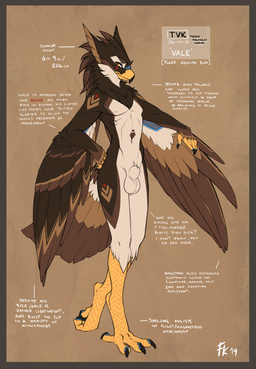 2019 4_toes android animal_genitalia anisodactyl anthro avian balls beak big_ears border brown_body brown_feathers feathers fluff-kevlar fur genitals hi_res looking_at_viewer machine male mane markings nude orange_border robot sheath skinny solo tall talons tan_body tan_fur toes vale_(fluff-kevlar) wings yellow_eyes