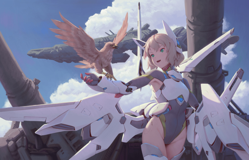 1girl animal_on_arm antica_(bigrbear) bigrbear bird bird_on_arm bird_request breastplate cannon cloud cowboy_shot day green_eyes headgear highres leotard looking_at_animal mecha_musume mechanical_arms mechanical_wings medium_hair open_mouth original outdoors shoulder_cannon smile solo standing teeth thrusters wavy_hair wings