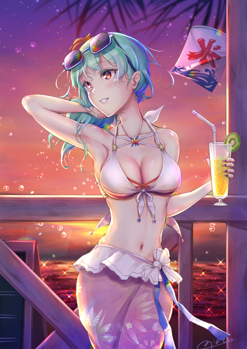 1girl arm_behind_head armpits bare_shoulders bikini breasts champagne_flute cleavage collarbone cowboy_shot cup drinking_glass drinking_straw eyewear_on_head floral_print food front-tie_bikini front-tie_top fruit green_hair hand_in_hair highres holding holding_cup jewelry kiwifruit large_breasts looking_to_the_side medium_hair nail_polish navel necklace nobady original purple_nails purple_skirt shiny shiny_skin signature skirt solo stomach sunglasses sunset swimsuit water water_drop
