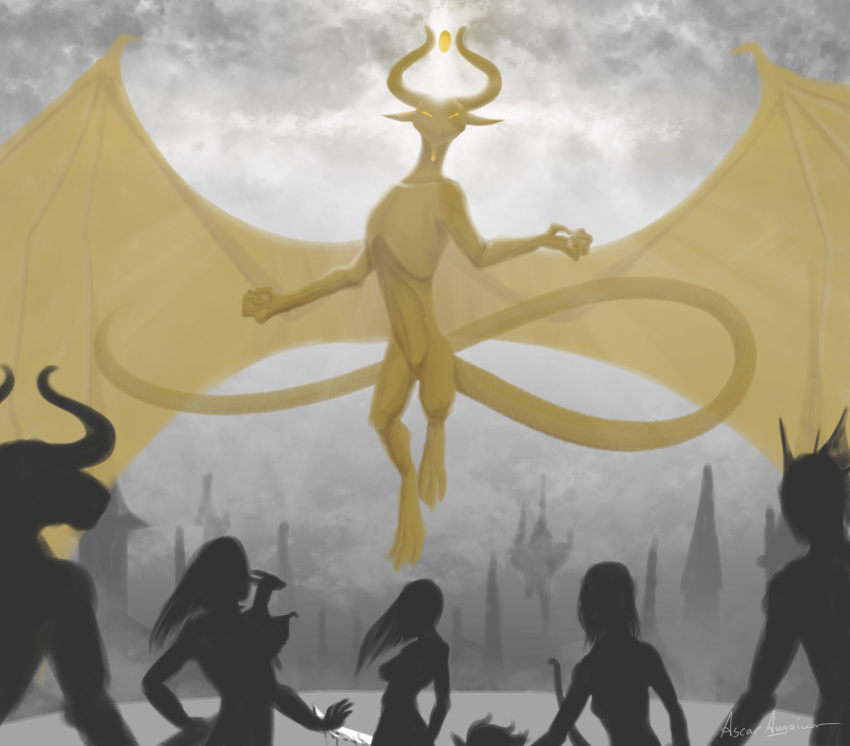 2020 anthro celeun claws day detailed_background digital_media_(artwork) dragon group hair hasbro hi_res horn magic:_the_gathering membrane_(anatomy) membranous_wings nicol_bolas outside scalie sky western_dragon wings wizards_of_the_coast