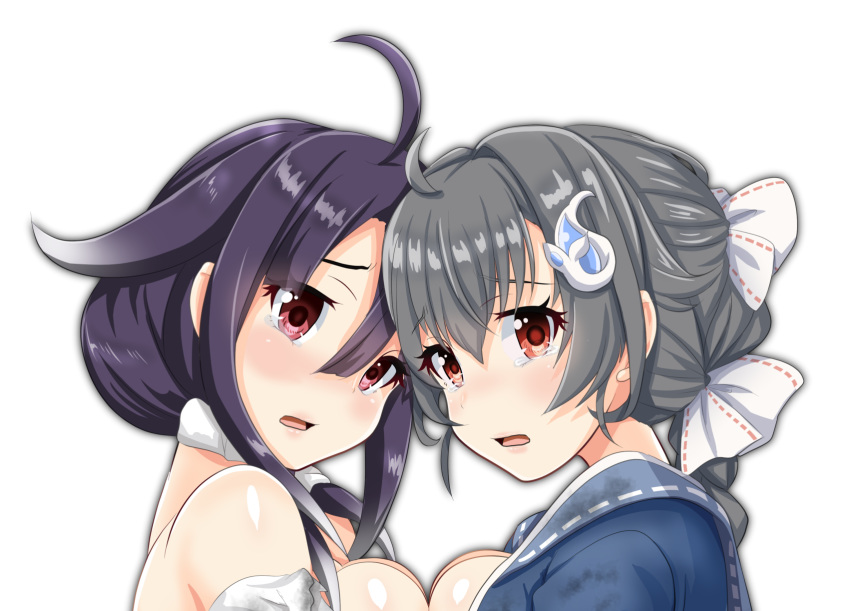 2girls ahoge black_hair blue_sailor_collar breast_press breasts commentary_request dated hair_flaps hair_ornament hair_ribbon hairclip highres jingei_(kantai_collection) kantai_collection large_breasts long_hair looking_at_viewer low_twintails multiple_girls purple_hair red_eyes ribbon sailor_collar signature simple_background symmetrical_docking taigei_(kantai_collection) tk8d32 twintails upper_body white_background white_ribbon