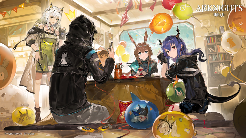 1other 3girls absurdres alchemaniac amiya_(arknights) animal_ears arknights balloon bangs bare_shoulders black_jacket blue_eyes blue_hair bookshelf brown_hair bunny_ears ch'en_(arknights) doctor_(arknights) dragon_horns dragon_tail dress grani_(arknights) green_dress green_eyes hair_intakes highres holding holding_syringe hood hooded_jacket horns hoshiguma_(arknights) jacket jessica_(arknights) kal'tsit_(arknights) looking_at_another multiple_girls off-shoulder_dress off_shoulder official_art open_mouth ore_lesion_(arknights) short_dress short_hair silver_hair sitting skadi_(arknights) sweatdrop swire_(arknights) syringe tail