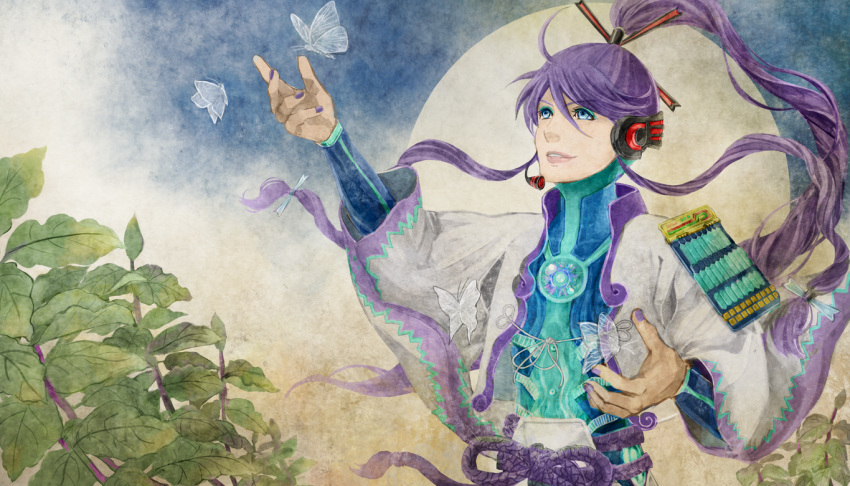 1boy blue_bodysuit blue_eyes bodysuit bug butterfly commentary eyeshadow full_moon gomoku hair_tie headphones headset insect japanese_clothes kamui_gakupo kimono leaf lips long_hair looking_up makeup male_focus moon nail_polish neon_trim outstretched_arm plant ponytail purple_hair purple_nails sidelocks smile upper_body very_long_hair vocaloid white_kimono