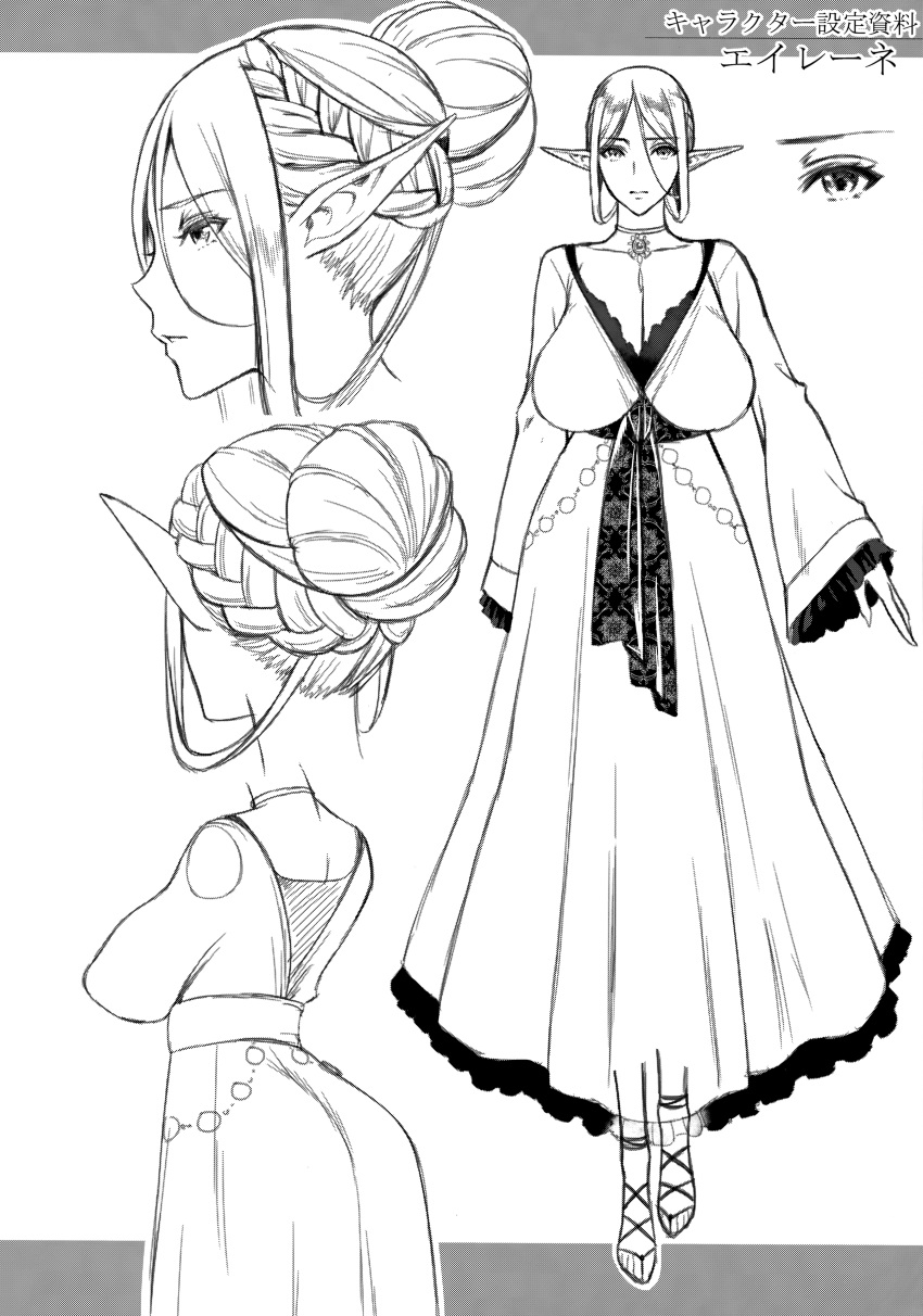 1girl absurdres arms_at_sides braid breasts character_name choker cleavage closed_mouth concept_art dress eireen_(usagi_nagomu) elf french_braid greyscale hair_bun highres huge_breasts long_dress long_sleeves looking_at_viewer monochrome multiple_views original pointy_ears sandals standing usagi_nagomu wide_sleeves