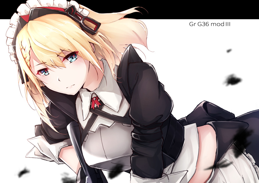 1girl assault_rifle blonde_hair blue_eyes braid character_name english_text eyebrows_visible_through_hair flugel_(kaleido_scope-710) g36_(girls_frontline) girls_frontline gun h&amp;k_g36 hairband hand_on_weapon highres looking_at_viewer maid maid_headdress medium_hair neck_ribbon ribbon rifle shirt solo weapon white_background white_shirt